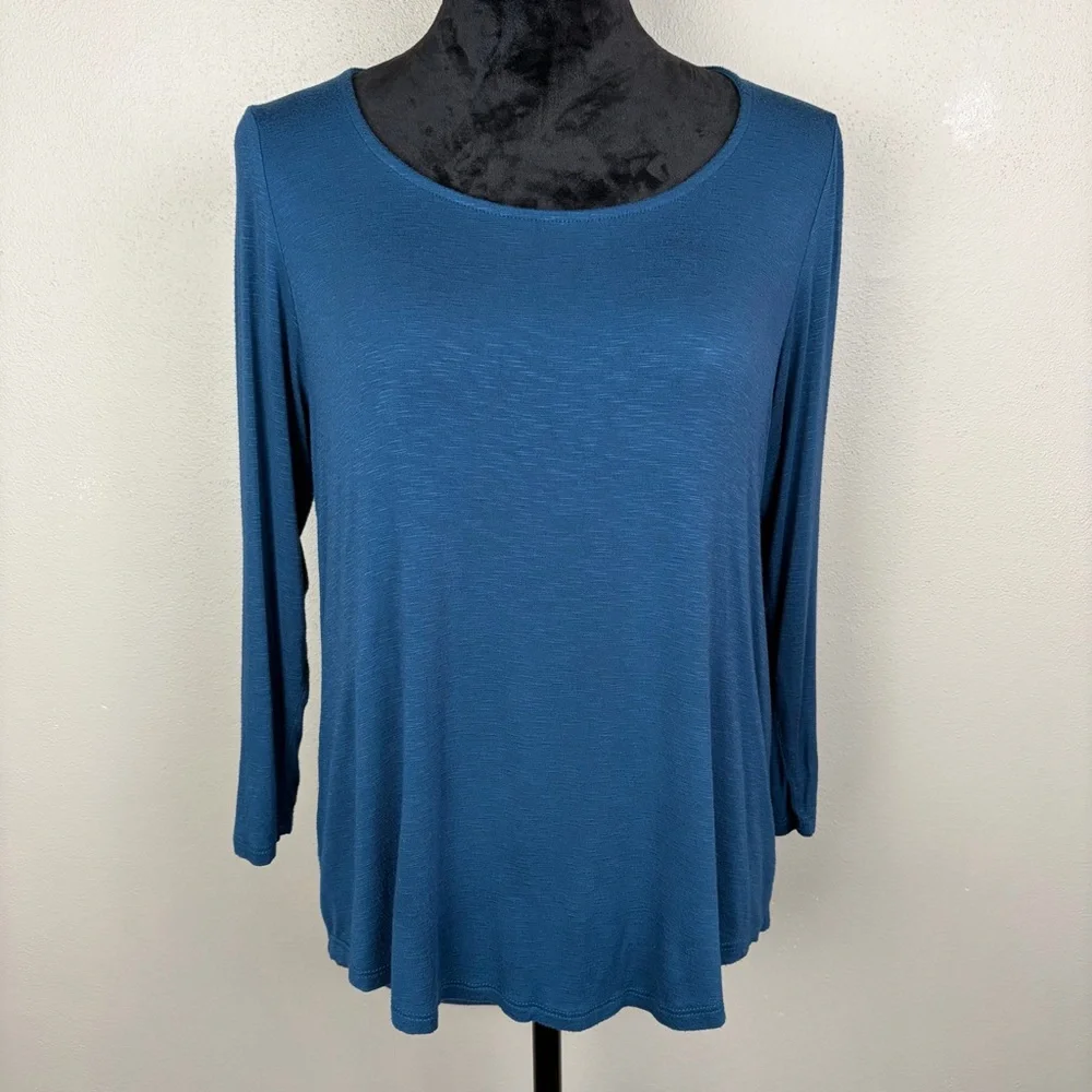 Olivia Moon Teal Blue Drape Open Back Knit Top Sz M Long Sleeve Made In USA EUC